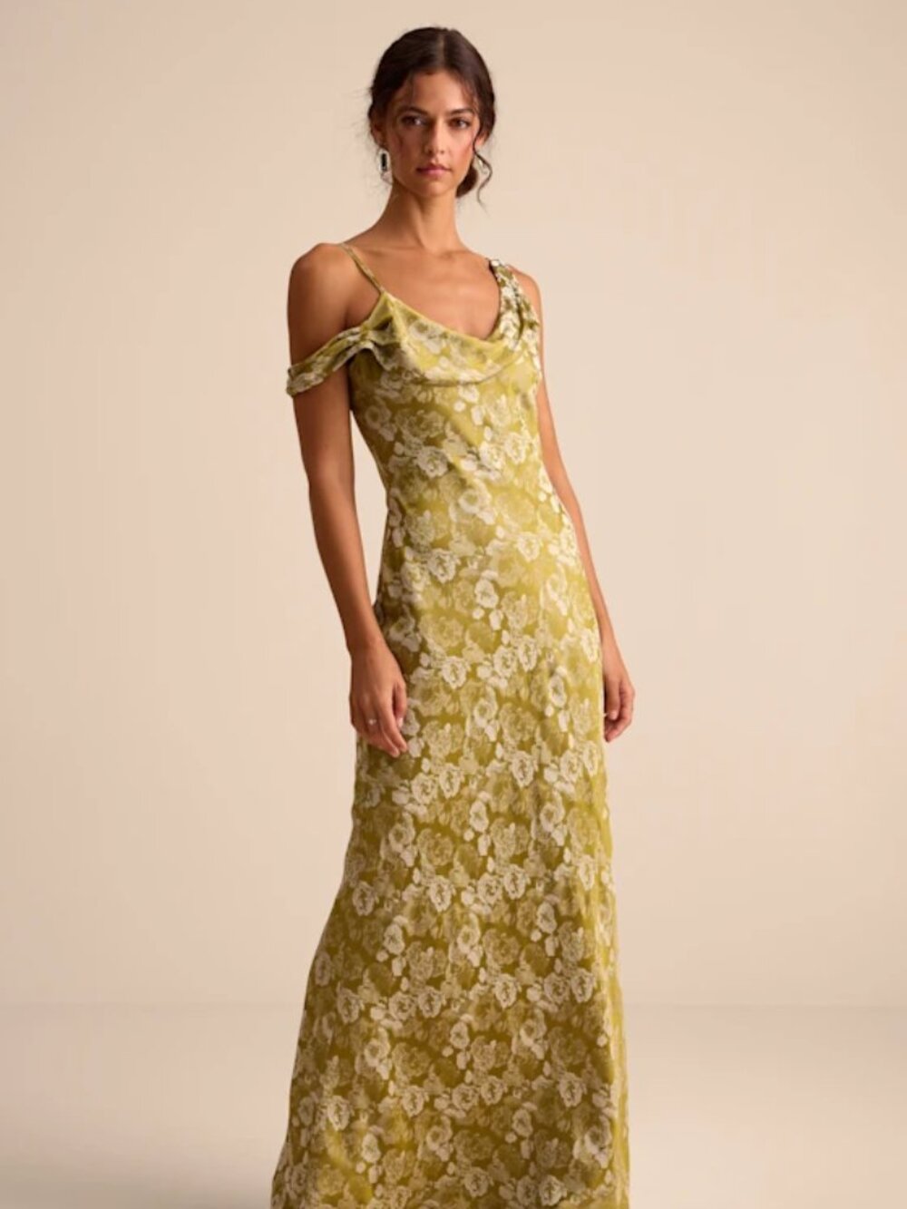 Lulus Cavani Chartreuse Floral Satin Asymmetrical Maxi Dress Size Small - Picture 1 of 2